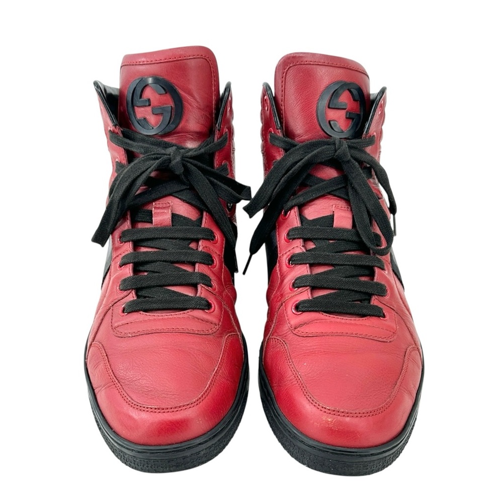 GUCCI Viaggio GG Red & Black Men's Leather High Top Lace Up Sneakers sz 8.5